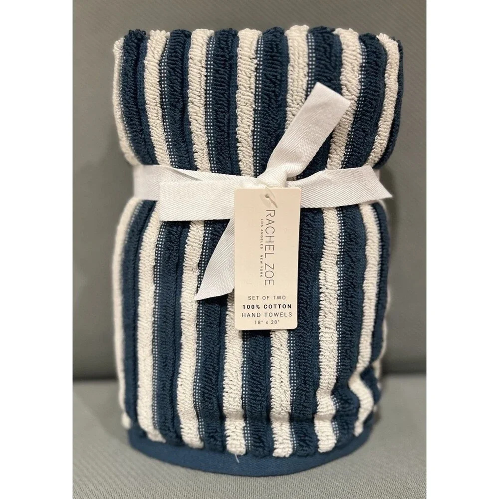 Rachel Zoe Hand Towels 2 Piece Midnight Blue Stripe & Solid Blue Cotton New